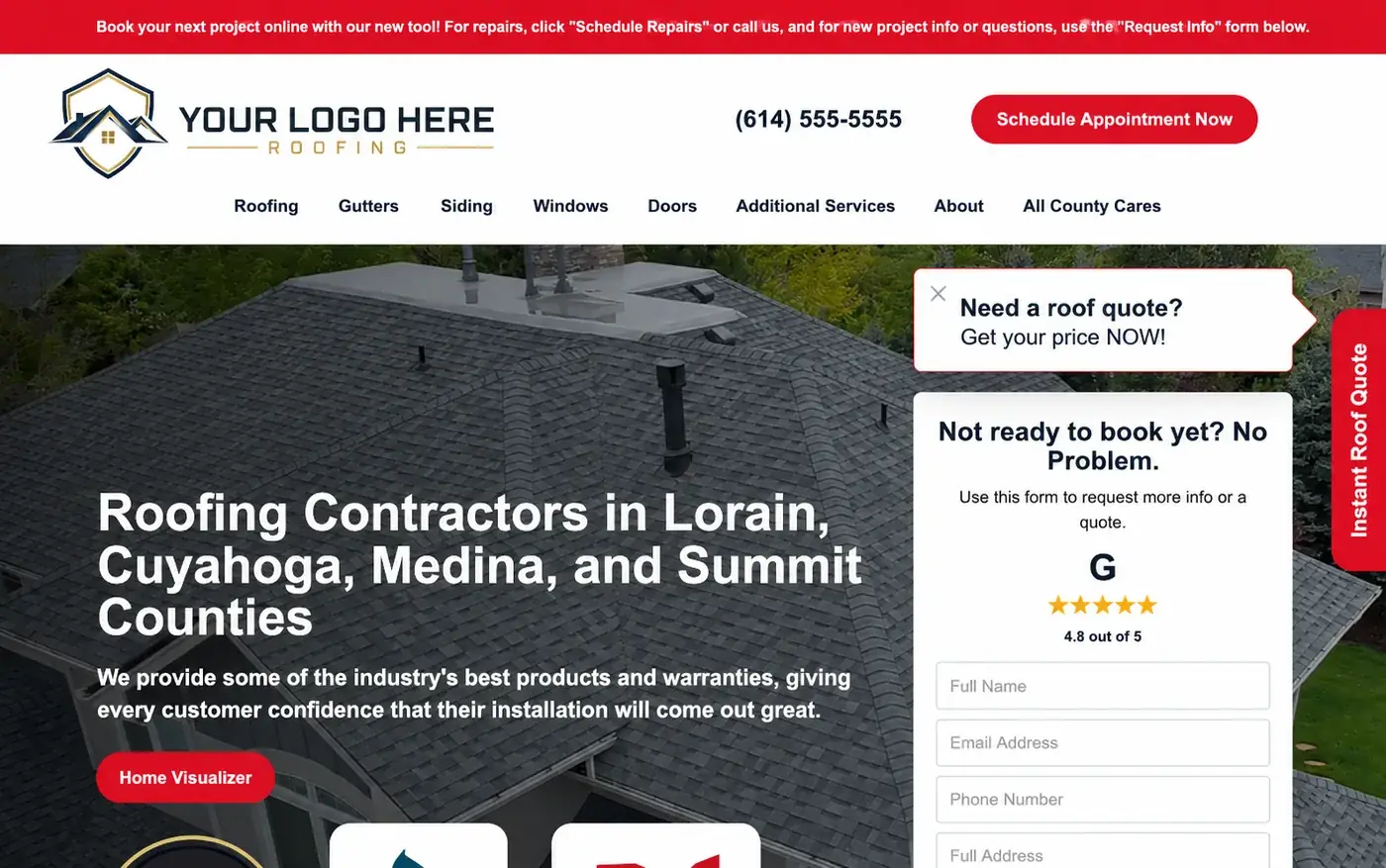 Roofing website mock-up homepage screenshot